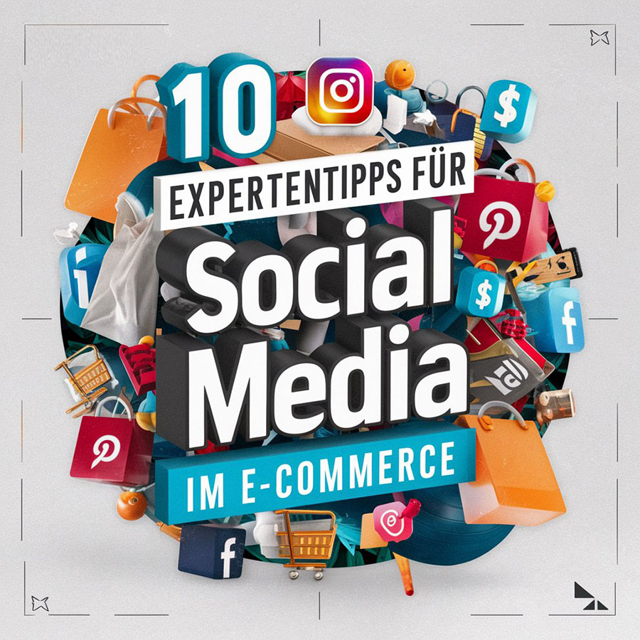 Grafik zeigt Social-Media Icons und Titel 10 Expertentipps für Social-Media im E-Commerce