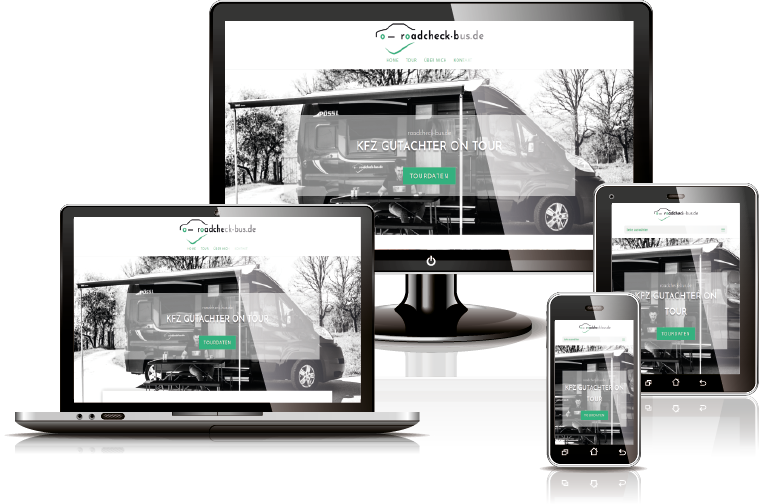 Business Starter Pack für Kfz-Gutachter on Tour, Sachverständiger, Branding, Logo, Webdesign, Visitenkarten Präsentation des Webdesign Projekts roadckeck-bus, Kfz-Gutachter on Tour, auf Desktop, Laptop, Tablet und Smartphone.